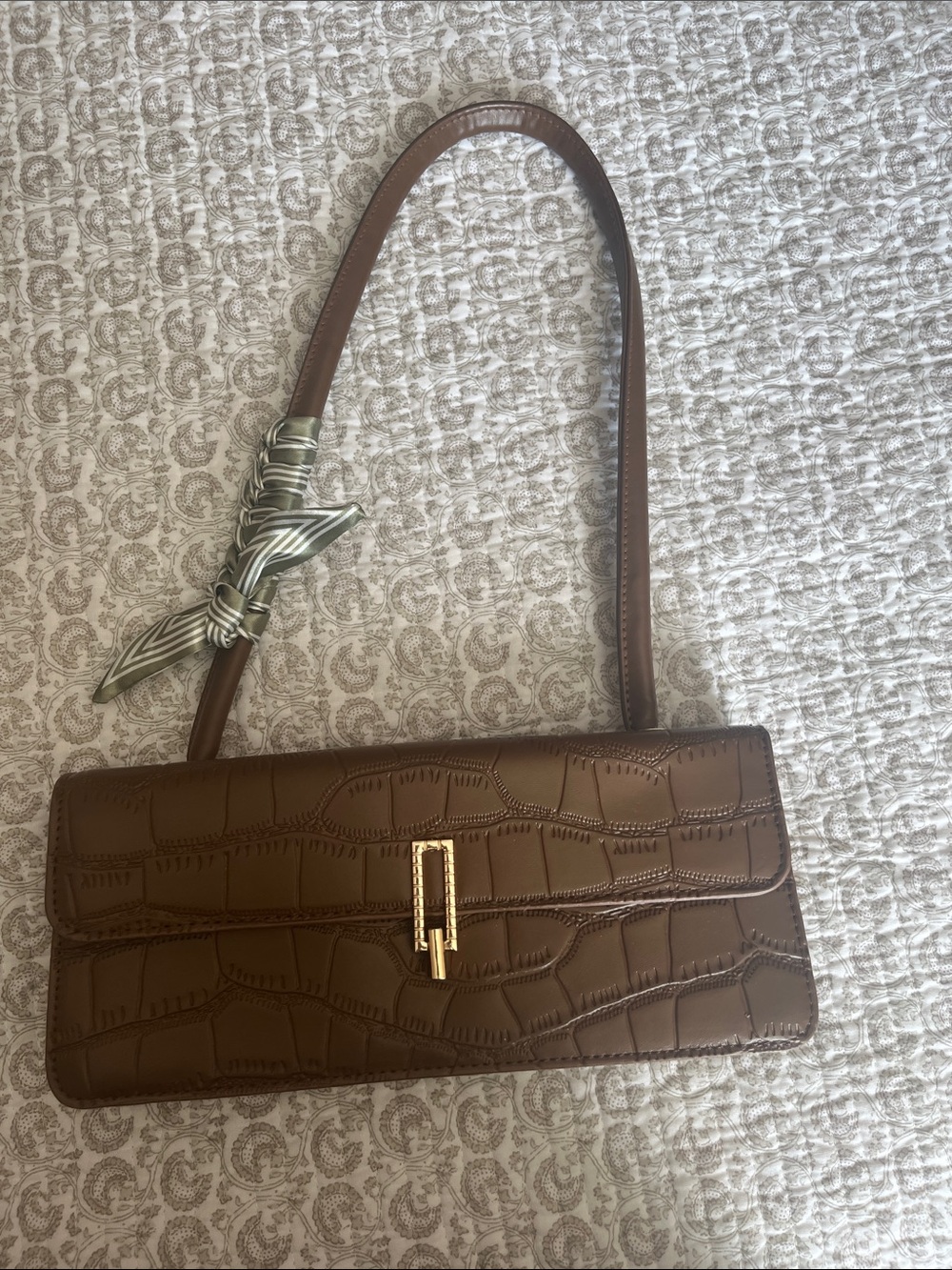 Brown Croc-Embossed Shoulder Bag with Gold Hardware